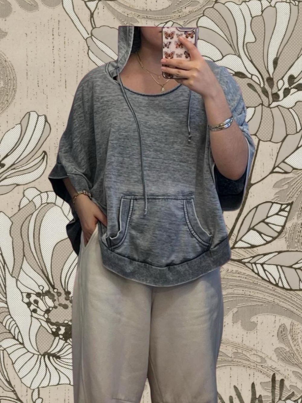 Gray Hooded Poncho Sweatshirt - M/L Acid Wash